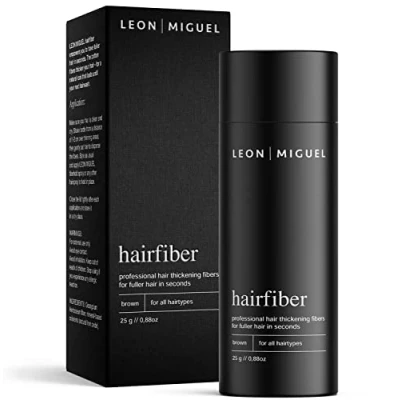 Afbeelding van LEON MIGUEL Hair Fiber Haarverdichting Premium Strooighaar/Strooihaar met direct effect bij inhammen, haaruitval en licht haar Haarpoeder 25g (BRUIN)