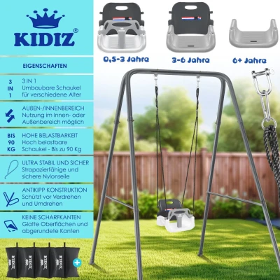 Afbeelding van Babyschommel met frame 3 in 1 hoogte 155 cm binnen en buiten schommel metalen grijs