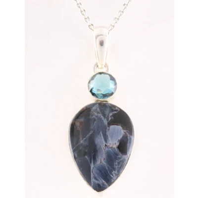 Afbeelding van Zilveren hanger met pietersiet en blauwe topaas aan ketting