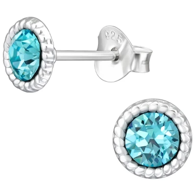 Afbeelding van JoyS Zilveren ronde oorbellen kristal turquoise blauw 6 mm oorknoppen sterling zilver 925 bolletjes randje