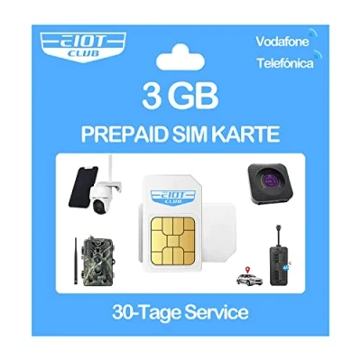 Afbeelding van EIOTCLUB Prepaid SIM kaart zonder abonnement, compatibel met Vodafone &amp; Telefónica netwerk, 3 GB voor 30 dagen, alleen gegevens, LTE bewakingscamera, wildcamera en GPS trackers