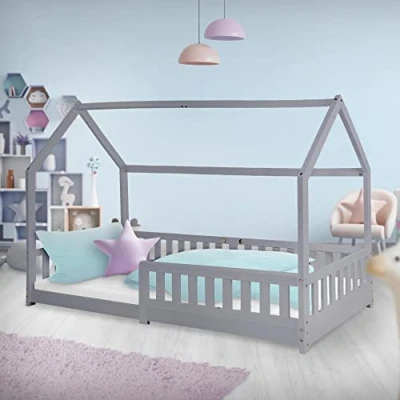 Afbeelding van ML Design kinderbed 90x200 cm met uitvalbeveiliging, dak en lattenbodem, lichtgrijs, massief houten kinderbed, huisbed voor meisjes/jongens, bedhuis grenen hout, stabiel jeugdbed kinderhuis