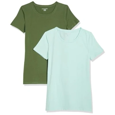 Afbeelding van Amazon Essentials Women&#039;s T shirt met korte mouwen en ronde hals in klassieke pasvorm, Pack of 2, Legergroen/Mintgroen, M