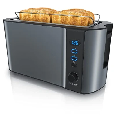 Afbeelding van Arendo Broodrooster 2 Brede Sleuven 4 Plakken Digitaal Display Automatische 3in1 1500W 6 Niveaus Instelbaar Ontdooien Opnieuw Verwarmen Kruimellade Cool Grey