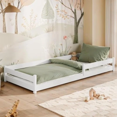 Afbeelding van Kids Collective Montessori kinderbed, bodembed, 90 x 200 cm, met valbescherming en lattenbodem, tienerbed, eenpersoonsbed, optioneel matras, wit meer