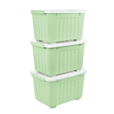 Afbeelding van Cetomo 35L x 3 opbergdozen met wielen, plastic opbergdoos deksel, vergrendelingsgespen, kliksluiting, stapelbaar, nesten, duurzame organizer voor thuiskantoorkleding, groen, stuks