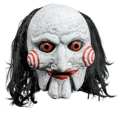 Afbeelding van Saw Billy masker met haar en beweegbare mond zwart/wit/rood, fabrikant: Trick or Treat.