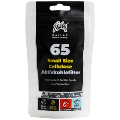 Afbeelding van KAiLAR 65 Black cellulose actieve koolfilter Slim (5,9 mm) met veganistische kool uit kokosnootschillen. Voor een minder schadelijke stoffen en zachte rookervaring