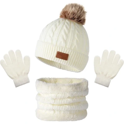 Afbeelding van Winter set 3 stuks Wit 1 tot 5 jaar Beanie muts, ronde sjaal, handschoenen delige voor kinderen