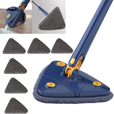 Afbeelding van Earnmore 360 graden driehoekige reinigingsmop, telescopische mop, draaibare verstelbare dweil, multifunctionele push pull automatische knijpmop (blauw + 6 pads)