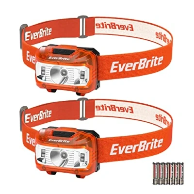 Afbeelding van EverBrite Led hoofdlamp, 2 stuks, oranje met rood en groen licht, kinderhoofdlamp 5 lichtmodi, kerstcadeau, cadeautje voor kinderen op de camping, outdoor, Kerstmis, 6 AAA batterijen