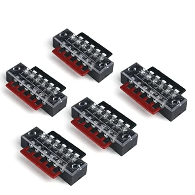 Afbeelding van 15 stuks (5 sets) dubbele rij 6 posities schroefbarrière terminal blok 600 V A + 400 vooraf geïsoleerde barrière strip rood/zwart