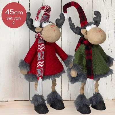 Afbeelding van Handgemaakt Rendieren duo met rood/groene jas en sierlijke sjaal/muts 45(55)cm