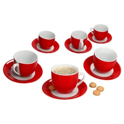 Afbeelding van MamboCat Variant Rode koffiekopjes met schoteltjes voor 6 personen, gekleurde porseleinen set ontbijt en koffie, x theekopjes van 200 ml schoteltjes, chique servies thuis in de