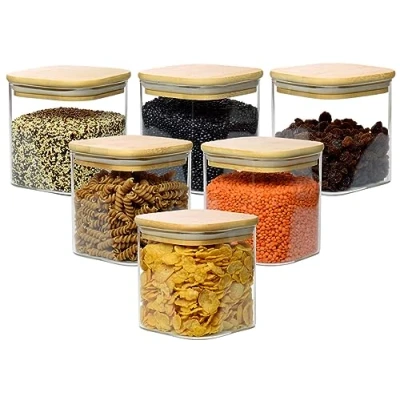 Afbeelding van gouveo Set van 6 voorraadpotten 800 ml borosilicaatglas vierkant met deksel voor keuken en huishouden robuuste glazen containers (BGE800B)