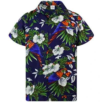 Afbeelding van Funky Hawaiiaans Overhemd, Hawaii Korte Mouw, Cherryparrot, Donkerblauw, XL