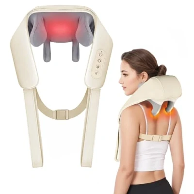Afbeelding van Nekmassageapparaat, rugmassageapparaat, elektrisch nekmassageapparaat met warmte, nekmassage, shiatsu massageapparaat, diepe weefsels, 4D draadloos, 2 modi voor rug en nekpijn