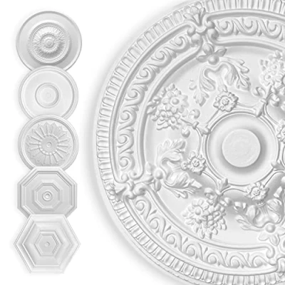 Afbeelding van HEXIM Stucrozet van wit piepschuim, EPS, plafondrozet rond en hoekig, interieurdecoratie voor plafond muur, kroonluchter, decoratief element (70 x 70 cm chrysant)