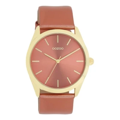 Afbeelding van Goudkleurige OOZOO horloge met baksteen rode leren band C11334