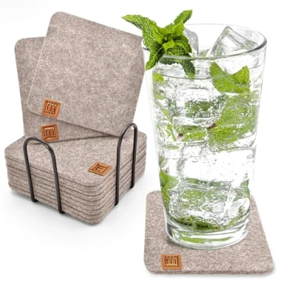 Afbeelding van Miqio® Design vilten glazenonderzetters, vierkant, set van 12 met houder, duurzame Oekotex onderzetters voor dranken, kaarsen, kopjes, bar, glazen, tafeldecoratie, beige