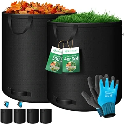 Afbeelding van KESSER® Tuinafvalzak Tuinzak Set Bladzak incl. Handschoenen Zelf Staand 4 Handvatten Stabiel Robuust &amp; Opvouwbaar Bladzakken Maaisel Tuinzakken voor Tuinafval Groenafval 4x 500 Liter, Zwart