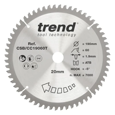 Afbeelding van Trend CraftPro crosscutting TCT zaagblad met negatieve haaksnede, 190 mm diameter x 60 tanden 20 asgat, wolfraamcarbide getipt, CSB/CC19060T