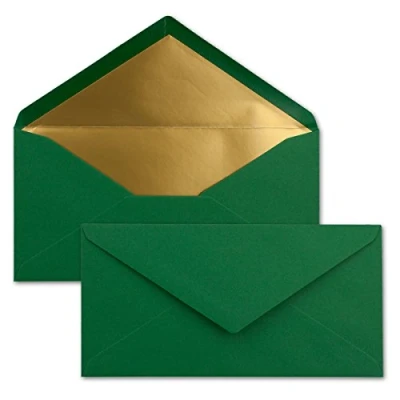 Afbeelding van 75 enveloppen DIN lang donkergroen met goud metallic voering 110 x 220 mm nat lijmen feestelijke voor Kerstmis