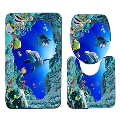Afbeelding van Smavles Badkamermat 3 Delige Set Badkamer Tapijten Badmatten Wasbare Bad Oceaan Stijl Toiletmatten Onderwater Wereld Antislip Wc Mat 3D Dolfijn Print Tapijt