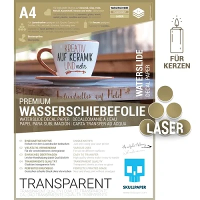 Afbeelding van SKULLPAPER® Waterschuiffolie, transparant, voor laserprinters, flinterdunne dhz stickers, natte schuiffolie keramiek, glas, kaarsen, metaal, kunststof, modelbouw (A4 8 vellen)