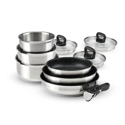 Afbeelding van Set van 3 sauspannen in roestvrij staal + non stick coating braadpannen 1 afneembaar handvat zeefdeksels met stalen Zilver / Zwart Transparant