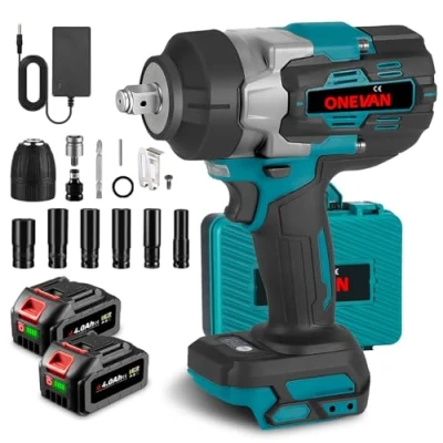 Afbeelding van ONEVAN Accu slagschroevendraaier 1700 N.m, 1/2 inch borstelloze accuslagschroevendraaier, elektrisch met 2 4,0 Ah accu&#039;s en snellader, hoog draaimoment Impact Wrench 6 steeksleutels voor zware