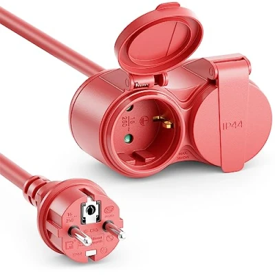 Afbeelding van deleyCON 5m Buiten Verlengkabel Extreem Weerbestendig IP44 Rubberen Kabel voor Permanent Gebruik Buitenshuis Contactstekker Type F (CEE 7/4) naar 2x Contactdoos 7/3) Rood