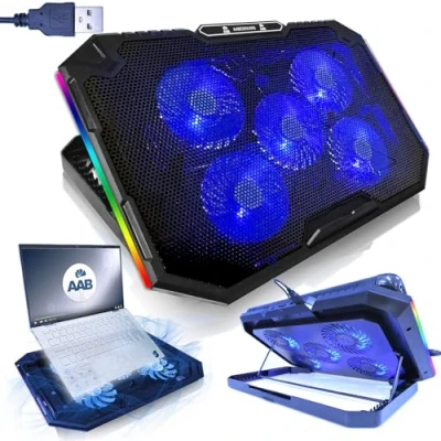 Afbeelding van AABCOOLING Elektra 17 InchLaptop Cooling Mat with 5 Fans, Adjustable Tilt and Blue Backlight, Laptop Pad, Cooling, Computer Fan, Notebook Cooler,Laptop Stand, Multicolour illuminated RGB