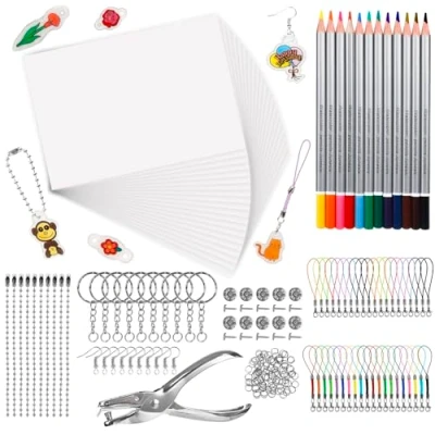 Afbeelding van LUZOON krimpfolie, 213 stuks, krimpfolie om te knutselen, inclusief A4 set sleutelhanger, sluiting, potloden, perforator voor kinderen, doe het zelf handwerk (A4 blauw)