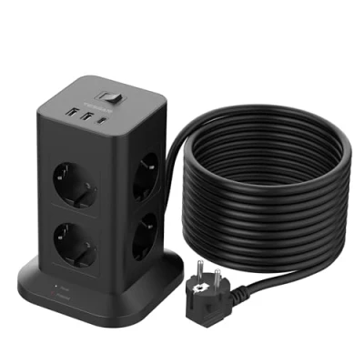 Afbeelding van TESSAN 8 Voudige Stekkerdoos met 2 USB A en 1 C, Verlengkabel Meerdere Stekkers 10M, Schakelaar voor Thuiskantoor, Meervoudige Overspanningsbeveiliging 3600W, Zwart