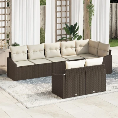 Afbeelding van vidaXL 8 delige Tuin Eettafel Set met Kussens Bruin Poly Rattan