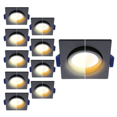 Afbeelding van Voordeelpak 10x Led inbouwspot badkamer zwart, vierkant, dim to warm (3000K 2000K), kantelbaar, 5W vervangt 50W, zaagmaat Ø75mm, buitenmaat Ø85mm, 23mm diep