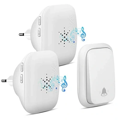 Afbeelding van PDGROW draadloze deurbel, batterijloze insteken, huisbelset, waterdichte huisbel, 2 ontvangers met een bereik van 500 ft, 38 beltonen, 4 volumeniveaus en led, wit