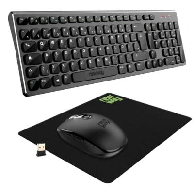 Afbeelding van NEWWAY 2024 nieuw RF02 draadloos 2,4 GHz toetsenbord muispakket met mat Duitse toetsen (QWERTZ) 105 13 multimedia toetsencombinaties muis 6 USB ontvanger zwart