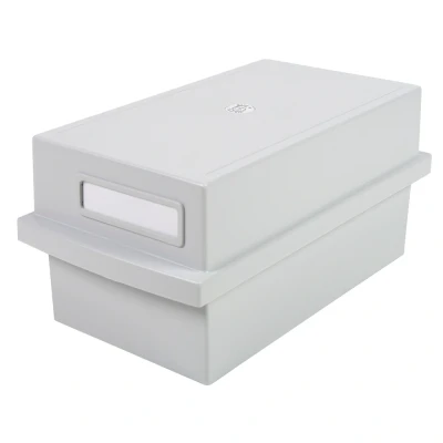 Afbeelding van Exacompta 56140D indexcassette A7 dwars van gerecycled kunststof met deksel en 1 scheidingsplaat voor maximaal 600 indexkaarten, lichtgrijs blauwe engel