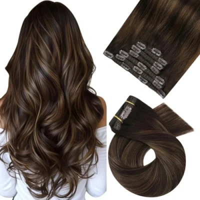 Afbeelding van Moresoo clip in extensies, bruin, balayage, haarverlenging, echt haar, ombre donkerbruin met middenbruin, Remy, 120 gram, 45 cm, #2/6/2, glad, 7 strengen, dubbele
