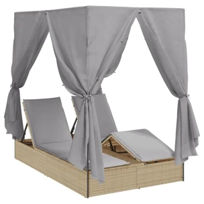 Afbeelding van vidaXL Ligbed met Dak en Gordijnen Beige 200x130x185 cm Poly Rattan