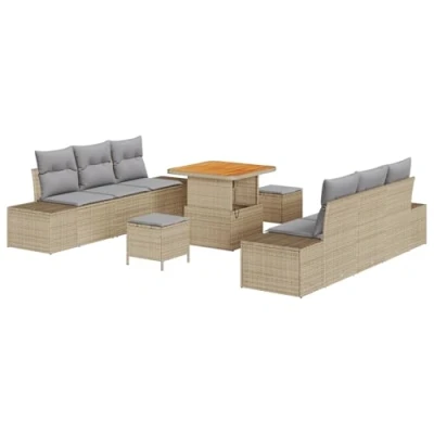 Afbeelding van vidaXL 9 delige Tuin Sofa Set met Kussens Beige Poly Rattan Acacia, 2 Zits Rattan, 3 Eet Acacia