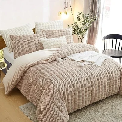 Afbeelding van Lanqinglv Pluche beddengoed, 135 x 200 cm, kaki, pluizig langhaar kunstbont, winterbeddengoed, warm, behaaglijk, flanel, fleece, kasjmier, touch dekbedovertrek met ritssluiting en 1 kussensloop van 80