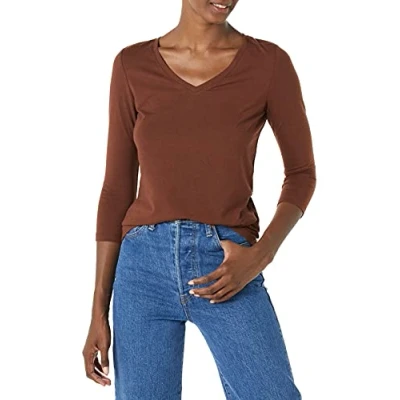 Afbeelding van Amazon Essentials Women&#039;s T shirt met driekwartmouwen en V hals in klassieke pasvorm (verkrijgbaar grote maten), Donkerbruin, XXL