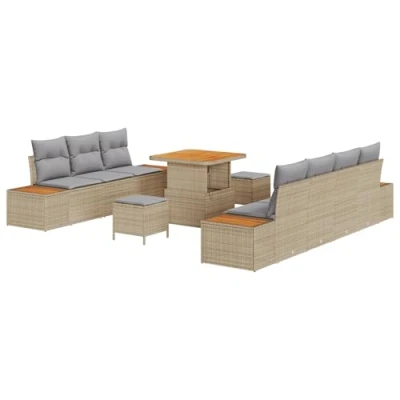 Afbeelding van vidaXL 10 Delige Tuin Sofa Set met Kussens Beige Poly Rattan Acacia, 3 Eettafel Acacia