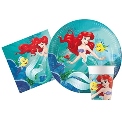 Afbeelding van Party Tableware Set Disney Princess Ariel Little Mermaid for 24 people (112 pcs: paper plates Ø23cm, Ø20cm, cups 200ml, 40 napkins 33x33cm)