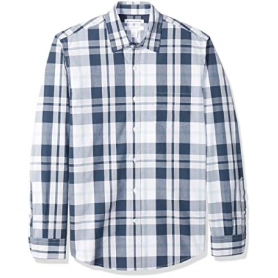 Afbeelding van Amazon Essentials Slim fit Geruite Shirt met lange mouwen, Wit/Navy Large, US S (EU S)