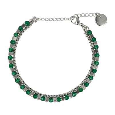 Afbeelding van Zilverkleurige dubbele armband Met groene glasstenen glas stenen luxe cadeauverpakking
