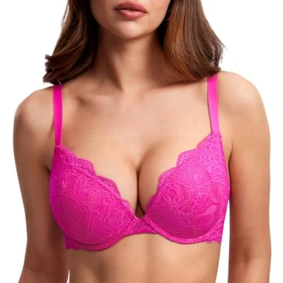 Afbeelding van DOBREVA Vrouwen Push Up BH Met Kant Gevoerde Plunge Beugel Volledige Cup Buste Voorgevormde Cups Roze glitter 80C